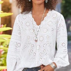 SUNDANCE BY TOLANI SAYLOR WHITE EYELET BLOUSE SZ L